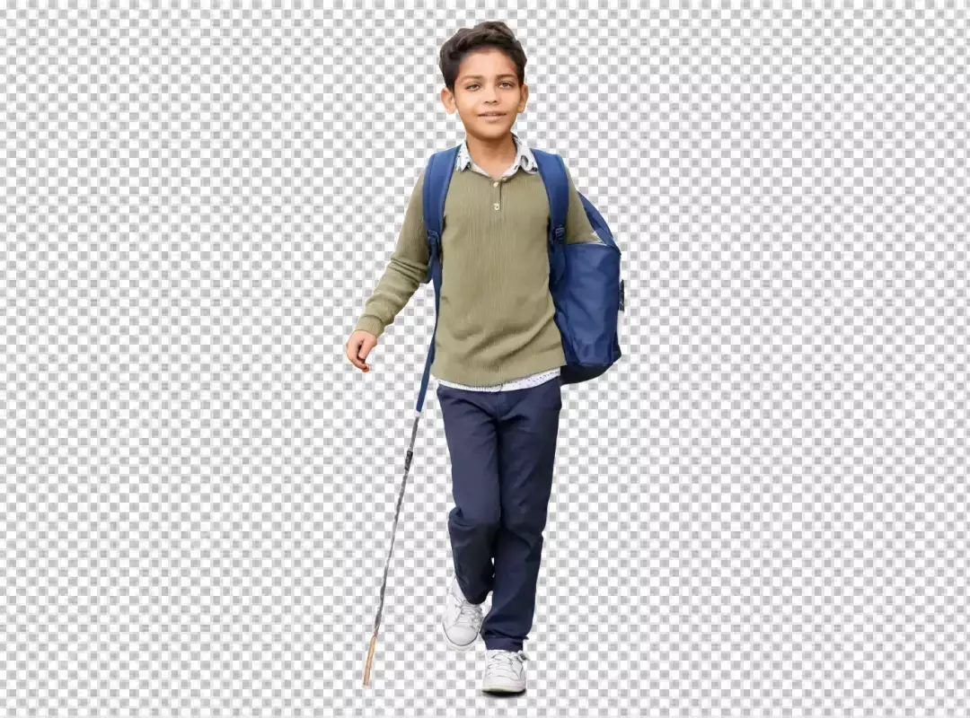 Smiling Young Student with Visual Impairment and Backpack Walking with White Cane