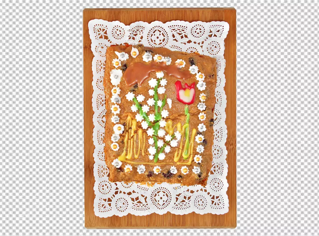 Decorated Gingerbread Loaf with Icing Flowers, Edible Pearls, and Lace Doily