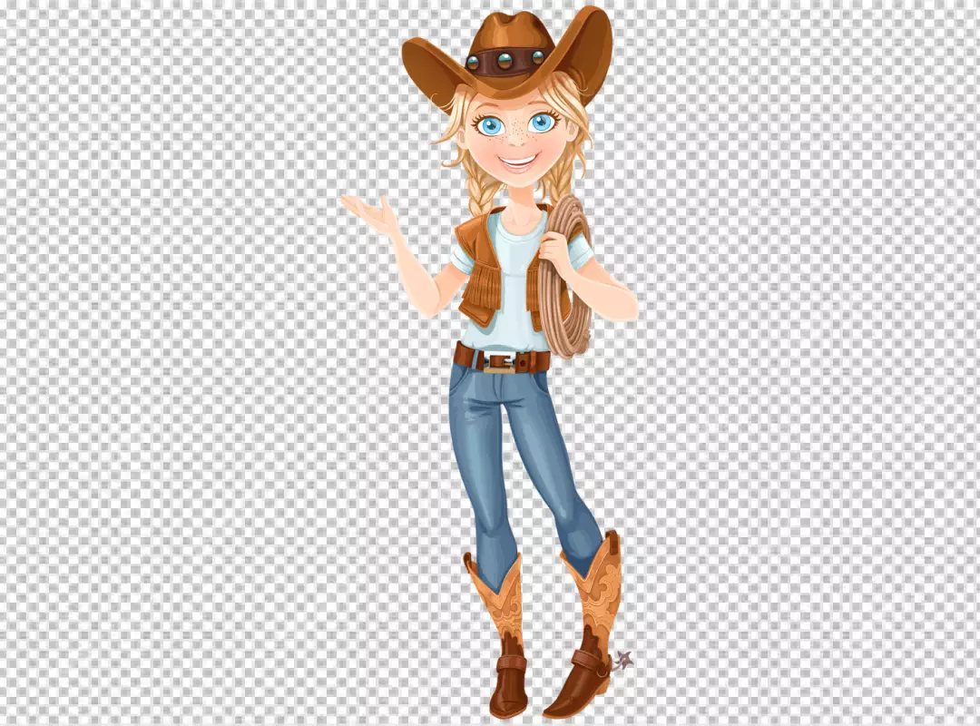 Blonde Cartoon Cowgirl in Western Attire with Lasso and Welcoming Gesture