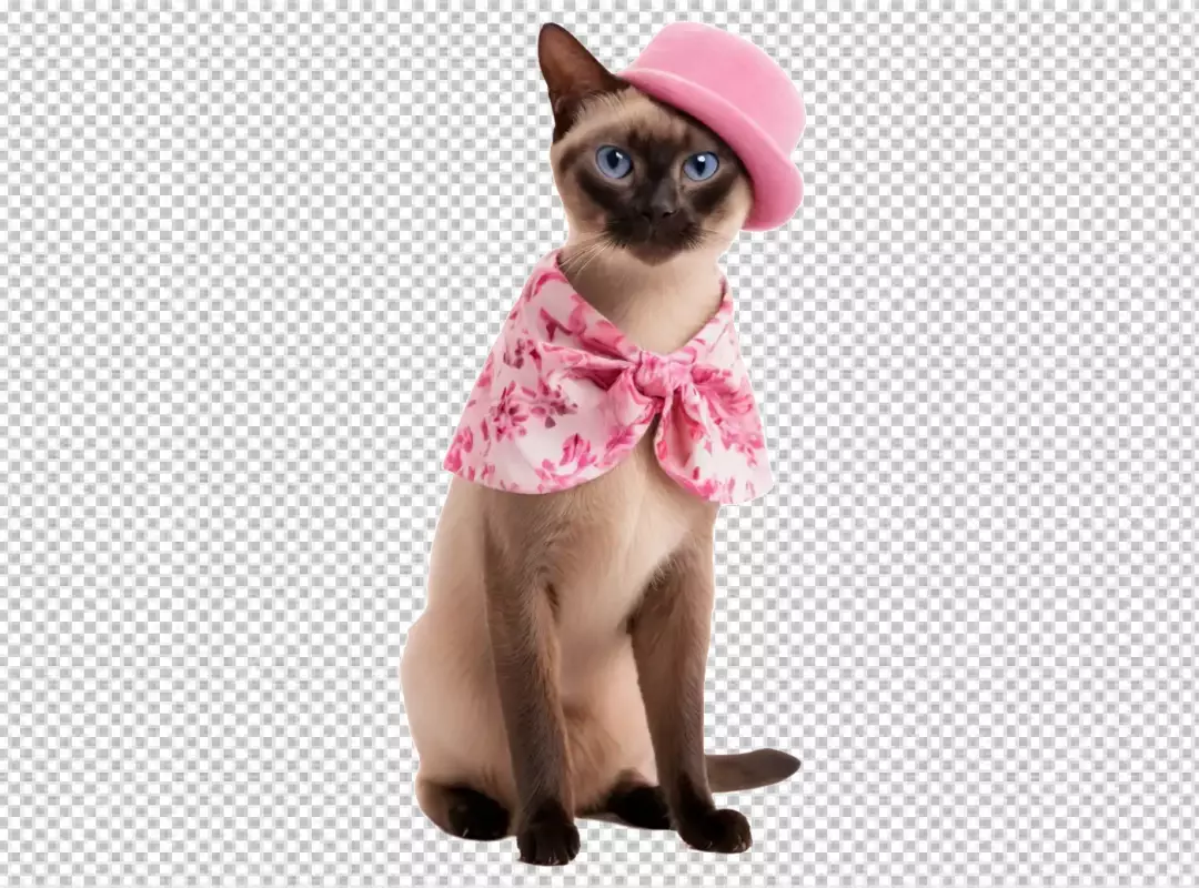 Charming Siamese Cat Posing in a Stylish Pink Top Hat and Floral Scarf