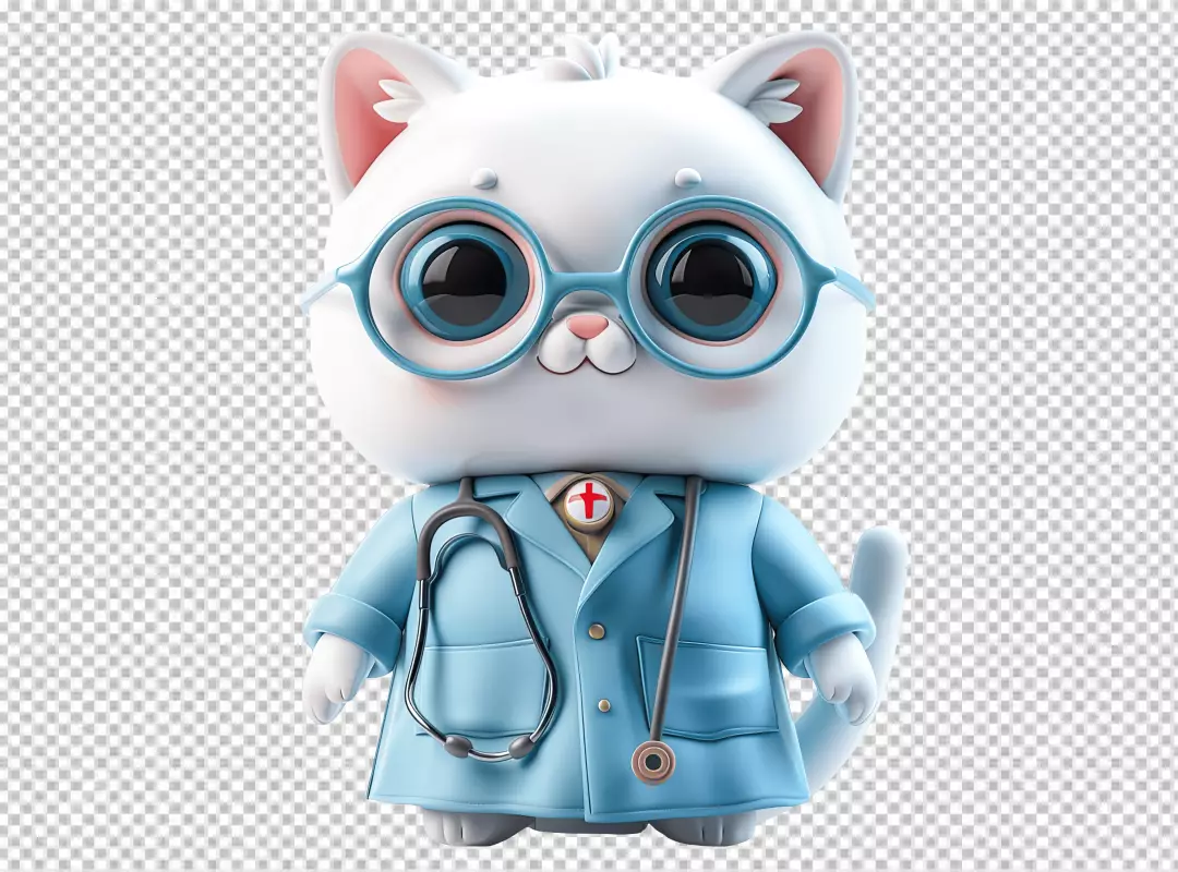 A cute 3D cartoon cat doctor character wearing blue glasses and a stethoscope