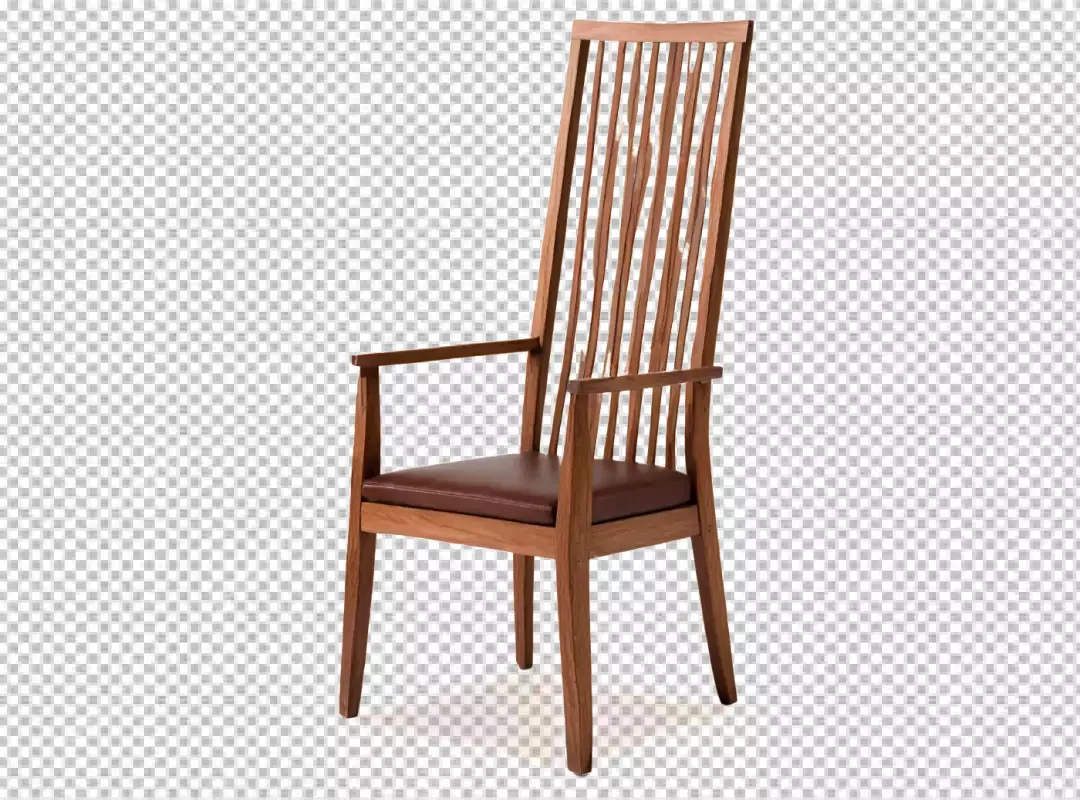 Stylish Wooden Dining Chair with High Slatted Back and Brown Leather Seat