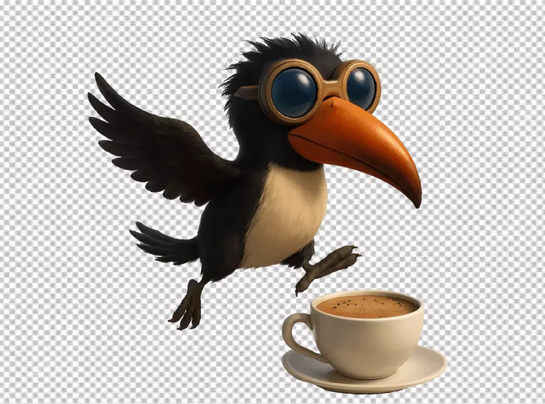 Whimsical Cartoon Bird in Aviator Goggles Hovering Over a Coffee Cup