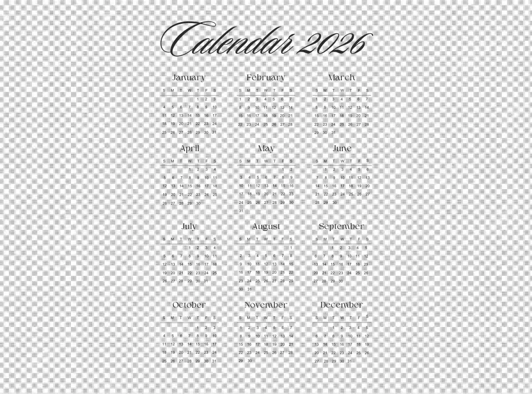 Complete 2026 Annual Calendar Grid with Elegant Black Design