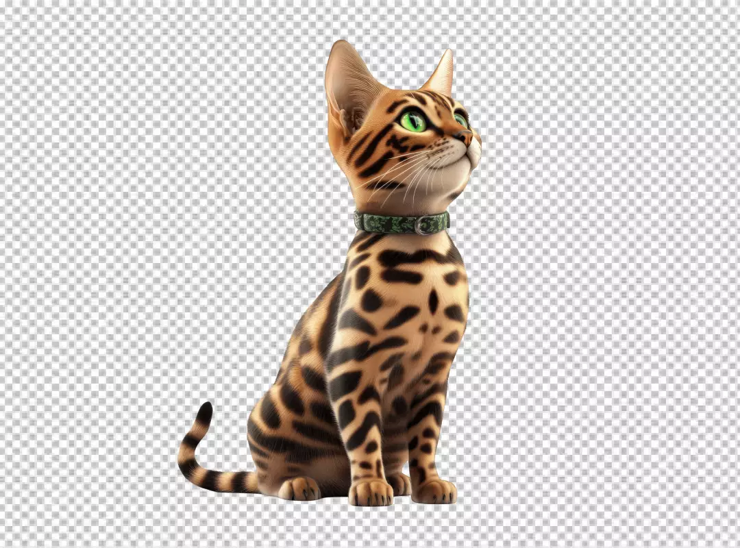 Adorable Bengal Cat Sitting with Green Eyes and Patterned Collar