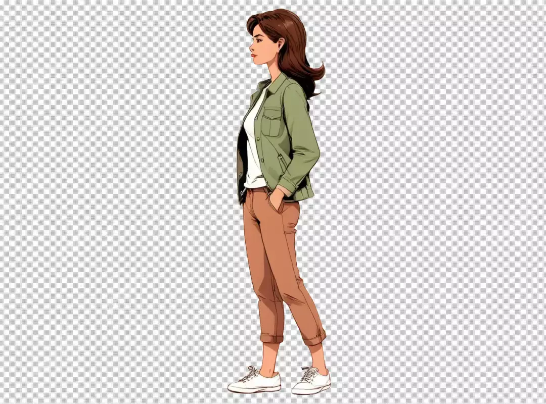 Stylish Young Woman in Casual Green Jacket and Brown Pants Illustration