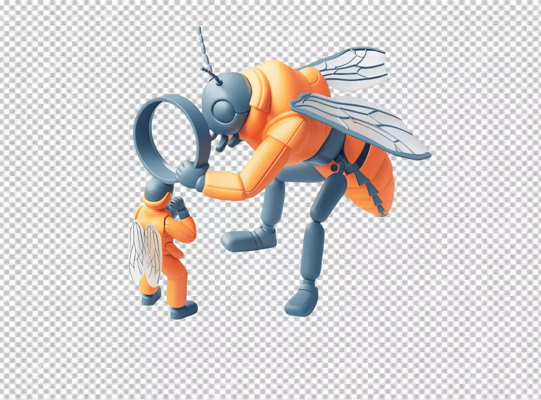 Funny Orange Insect Character Inspecting Small Bug with Magnifying Glass