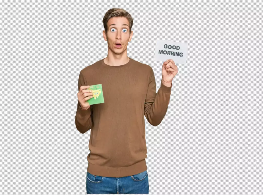 Blonde Man with Wide Eyes Holding 'Good Morning' Card and Green Note