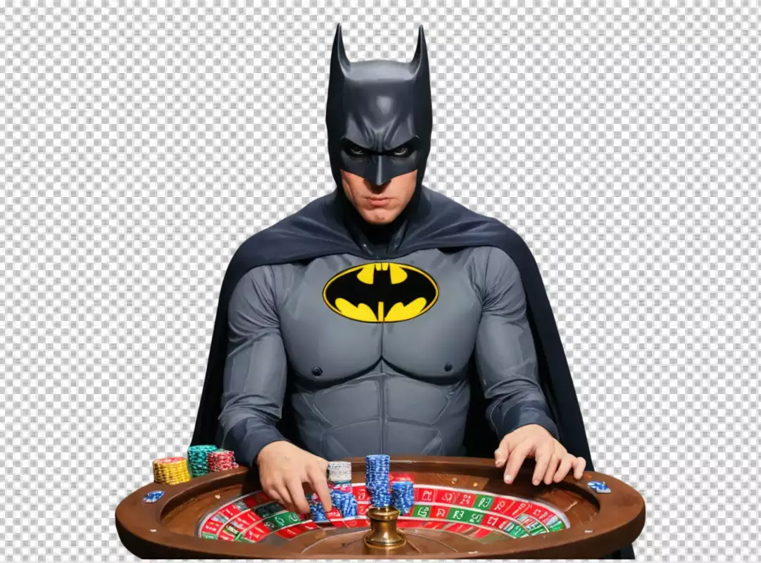 Batman Focused at Roulette Table in High-Stakes Casino Game Looking Determined