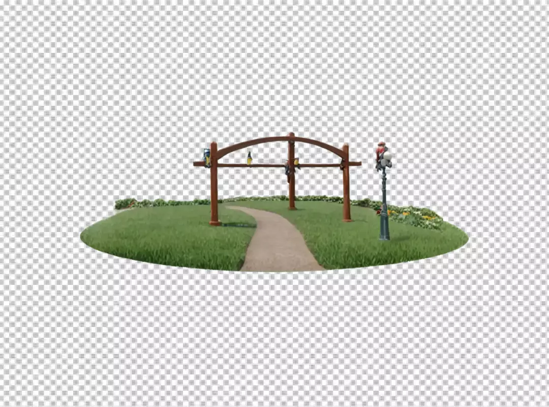 Charming Miniature Park Landscape with Winding Path and Decorative Archway Isolated