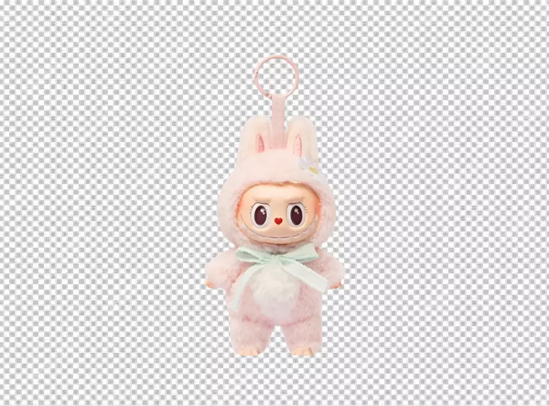 Fluffy Pink Monster Character in Bunny Hood with Daisy Accent