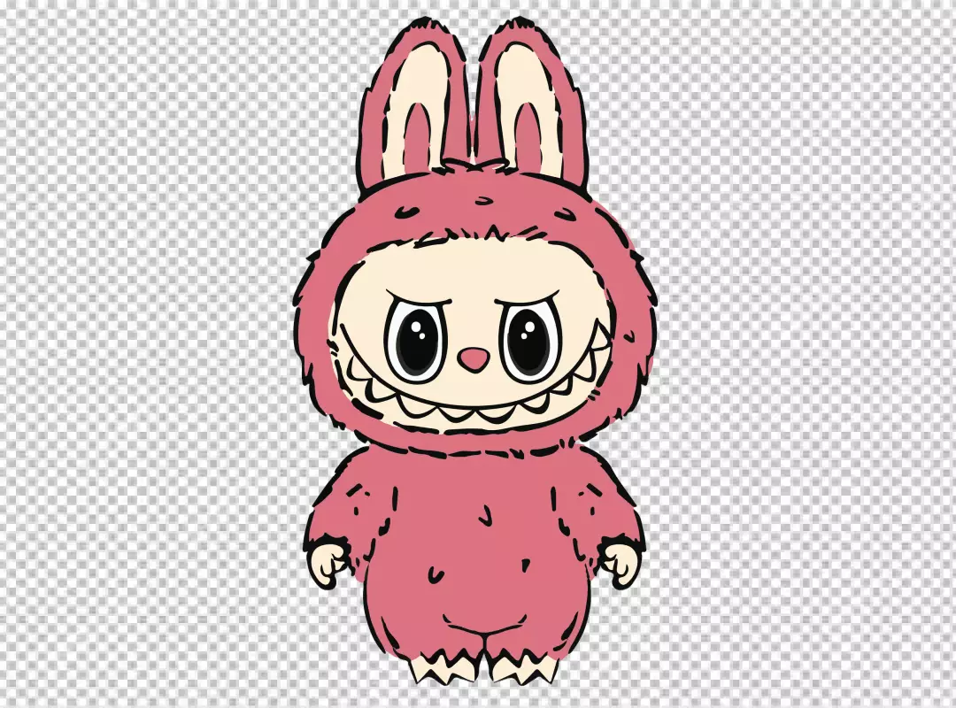 Illustrated pink bunny-eared monster with a wide, mischievous toothy grin