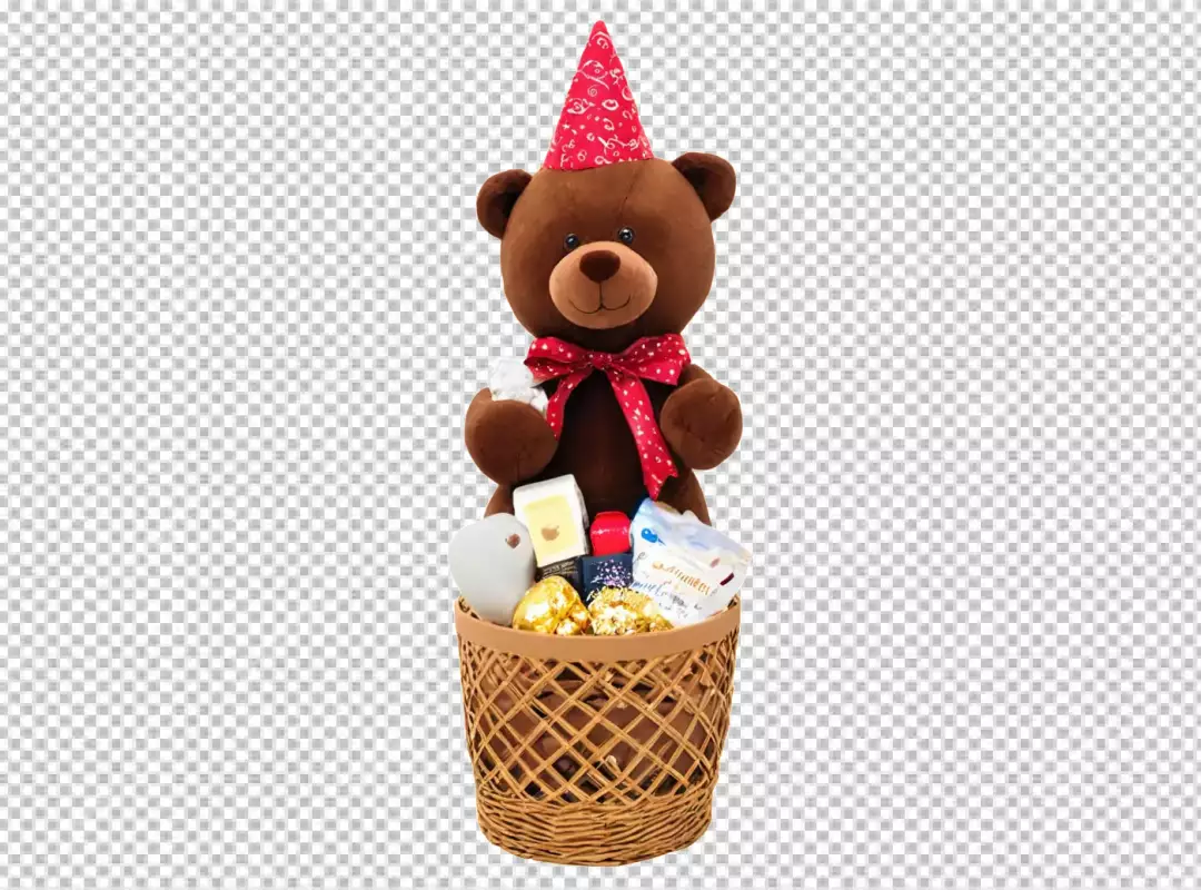 Adorable Brown Teddy Bear with Red Party Hat in Woven Gift Basket