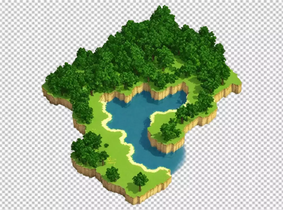 Lush Green Isometric Island with Winding River and Sandy Banks, Isolated Digital Art