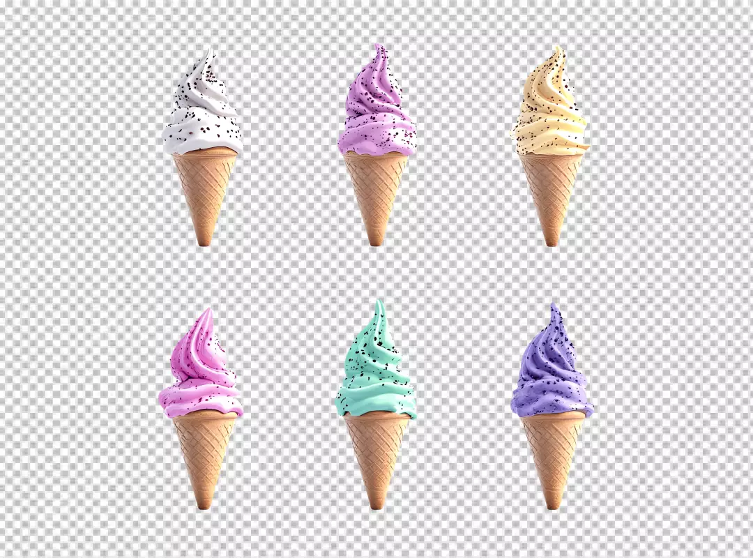 Delicious Soft Serve Ice Cream Cones with Assorted Colorful Flavors and Sprinkles