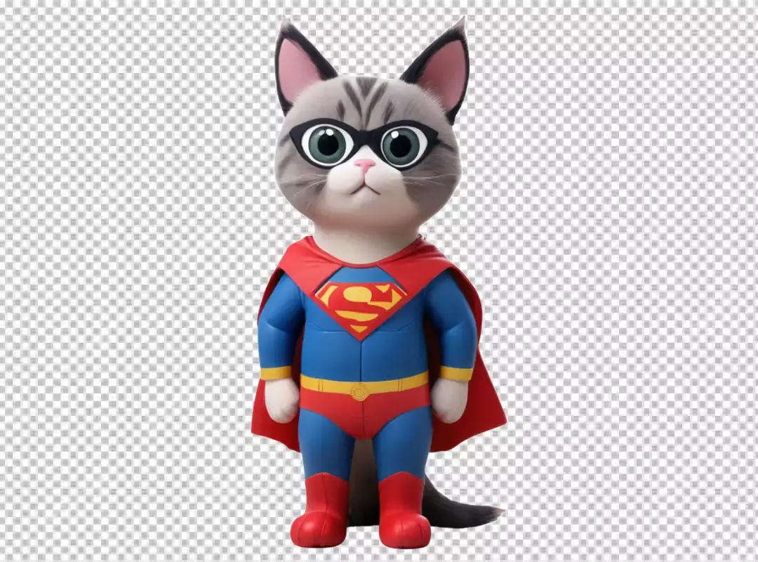 Adorable Tabby Cat Character in Iconic Blue and Red Superman Costume with Glasses