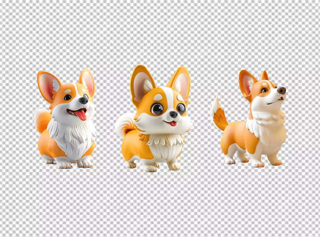 Adorable 3D Cartoon Corgi Dogs with Happy Expressions Digital Art