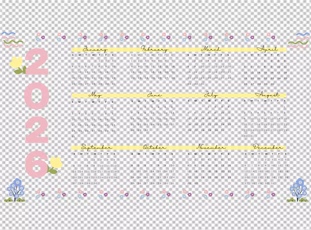 Year 2026 Calendar with Floral Accents and Pastel Elements on Black Background