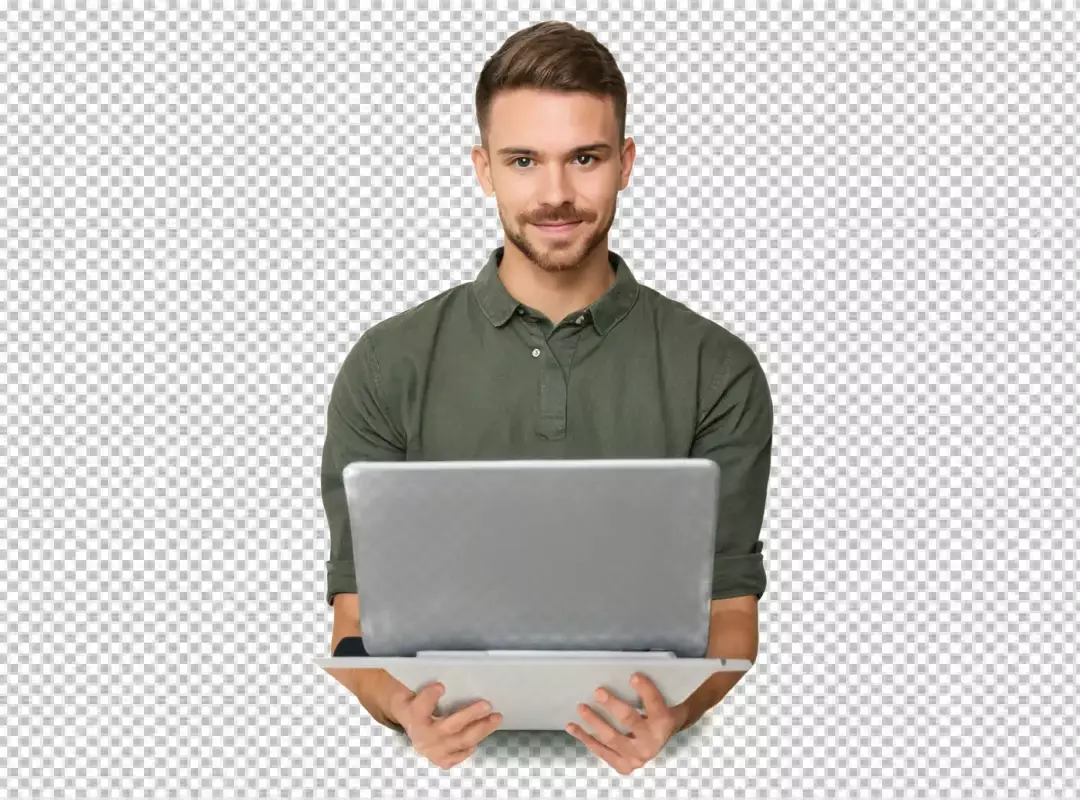 Smiling Young Man in Casual Attire Presenting Laptop Screen for Business or Study