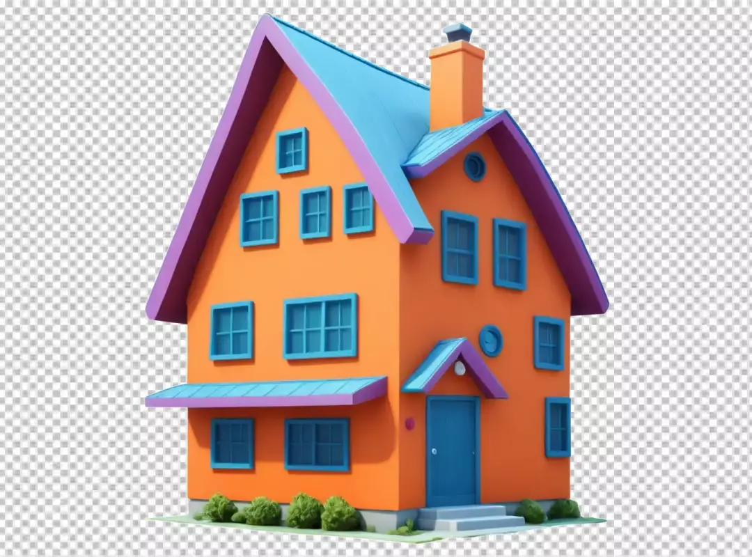 Whimsical Orange and Blue House Rendered in 3D Cartoon Style