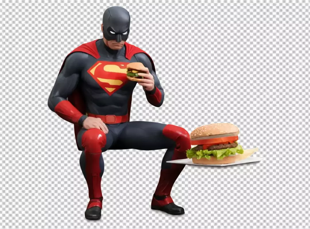 Vigilante Hero Enjoying a Small Fast Food Burger with Oversized Meal