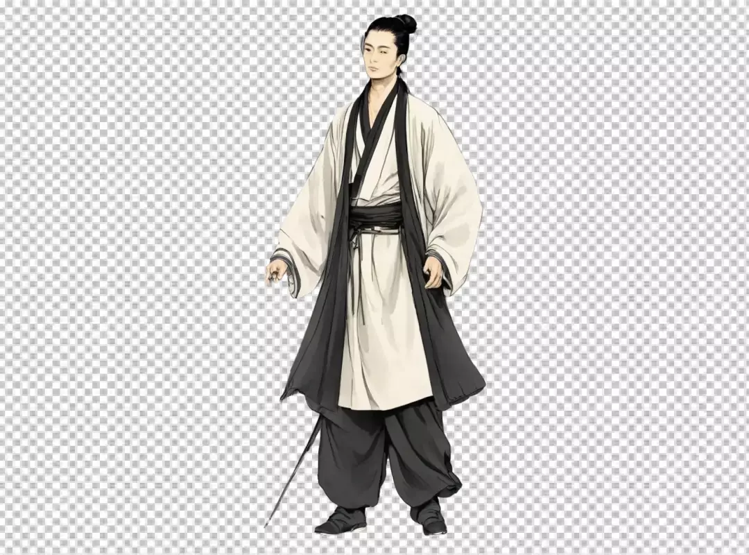 Elegant East Asian Man in Traditional White and Black Robe with Sword