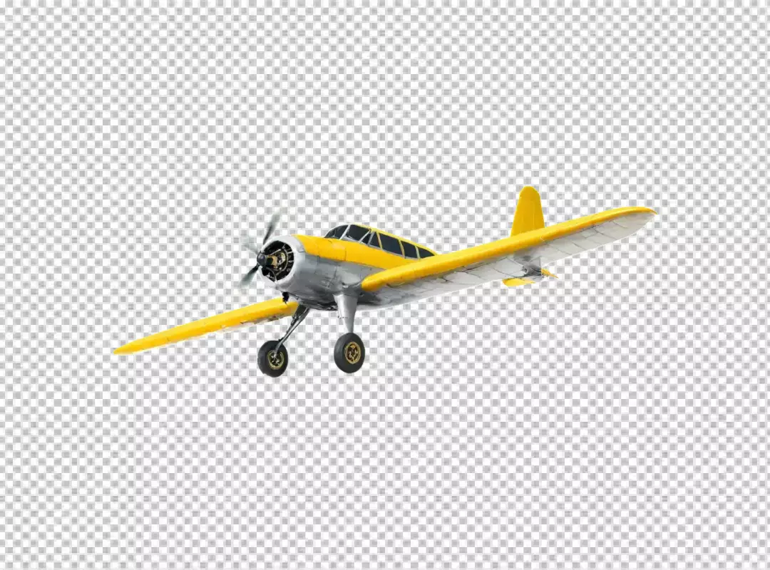 Classic Yellow and Silver Propeller Airplane in Mid-Flight Isolated on White Background