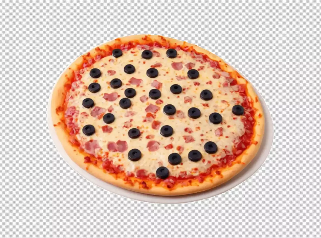 Delicious Italian Pizza with Savory Ham, Melted Cheese, and Sliced Black Olives