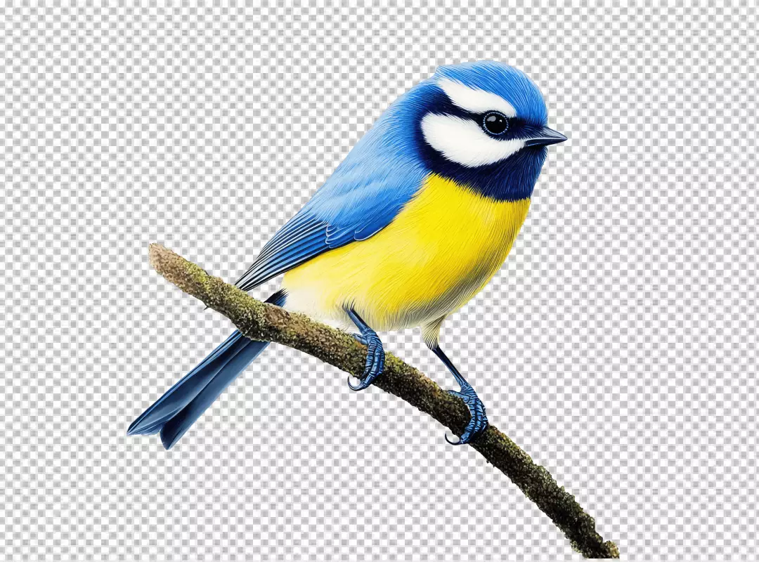 Vibrant Blue and Yellow Tit Bird Perching on a Natural Branch PNG Cutout