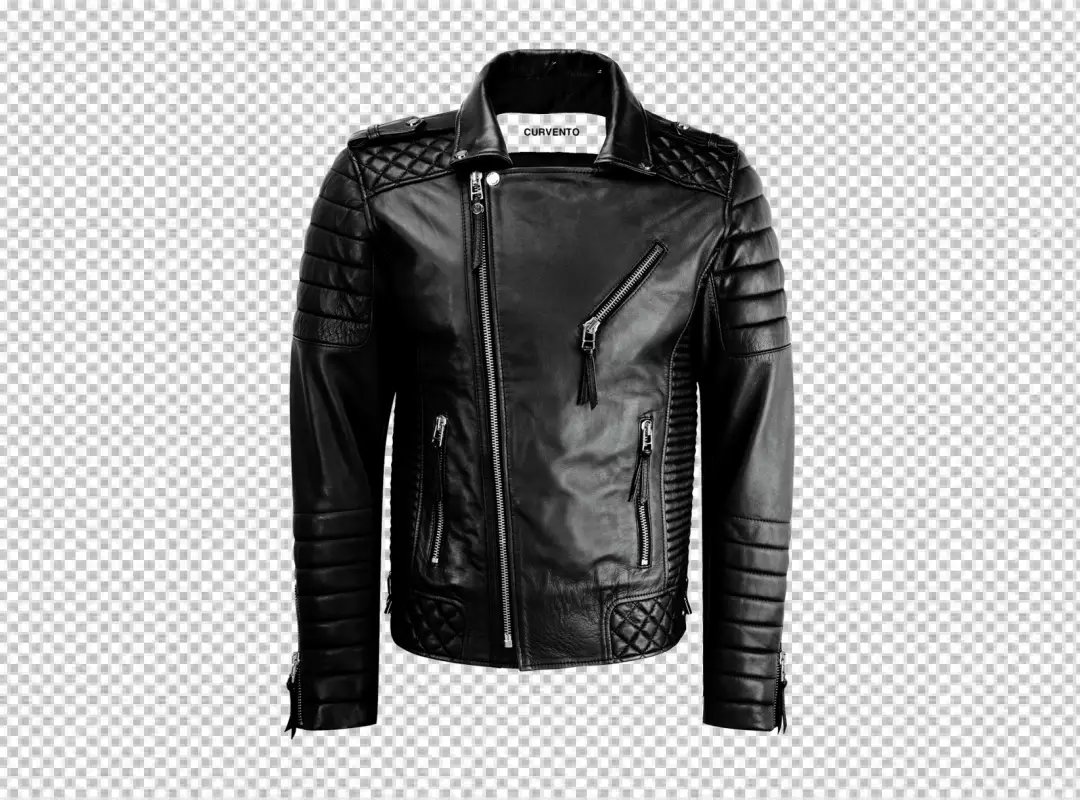 Stylish Black Leather Biker Jacket with Quilted Details and Multiple Zippers