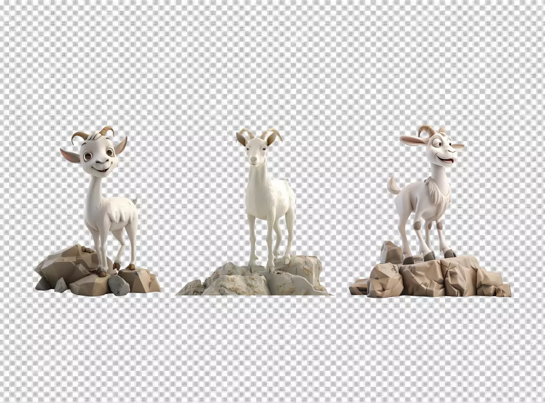 Cute 3D Rendered White Goats Standing on Rocks with Playful Expressions