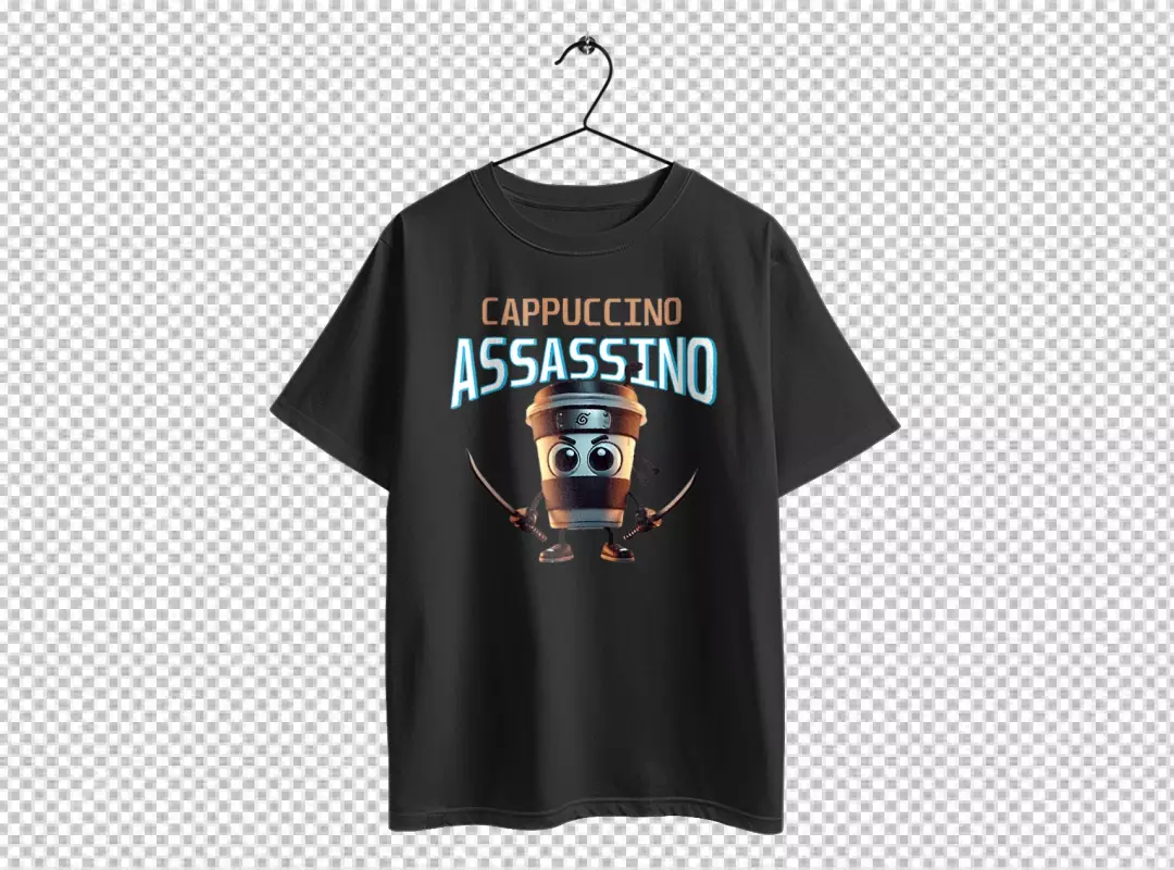 Creative T-Shirt Design with Cartoon Coffee Ninja and Italian Text