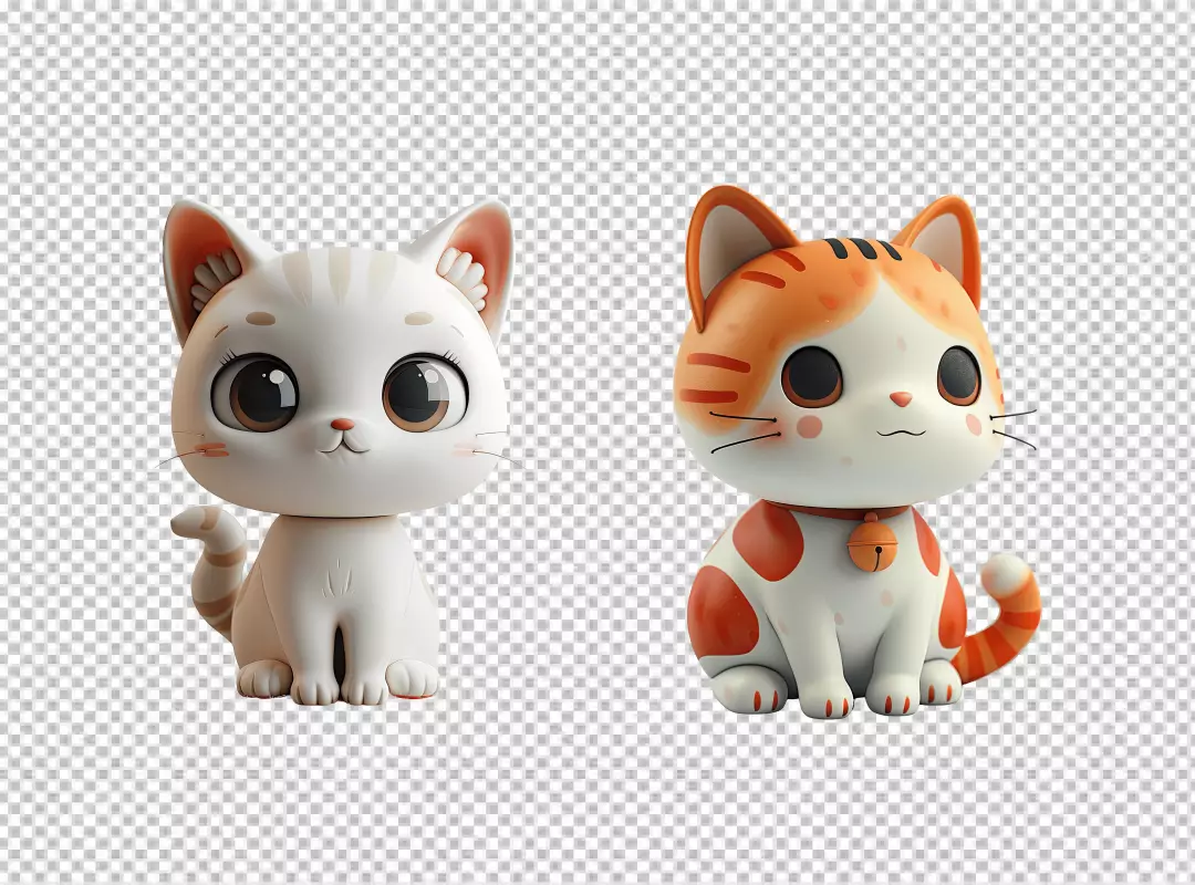 Adorable 3D Cartoon Cats: White and Orange Kittens Sitting Cutout