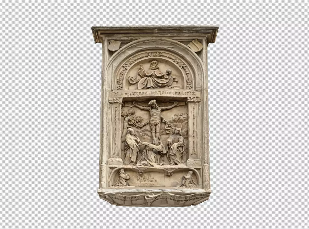 Ancient Stone Relief Christ's Crucifixion with Mary Magdalene Kneeling and God the Father