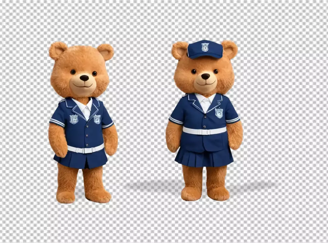 Two adorable teddy bears wearing blue formal uniforms, one with a cap, on white background
