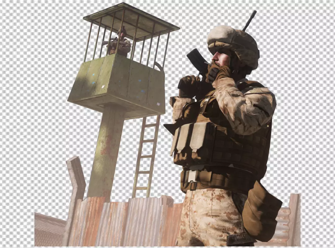 Two Military Soldiers on Vigilant Patrol and Guard Duty at a Desert Outpost