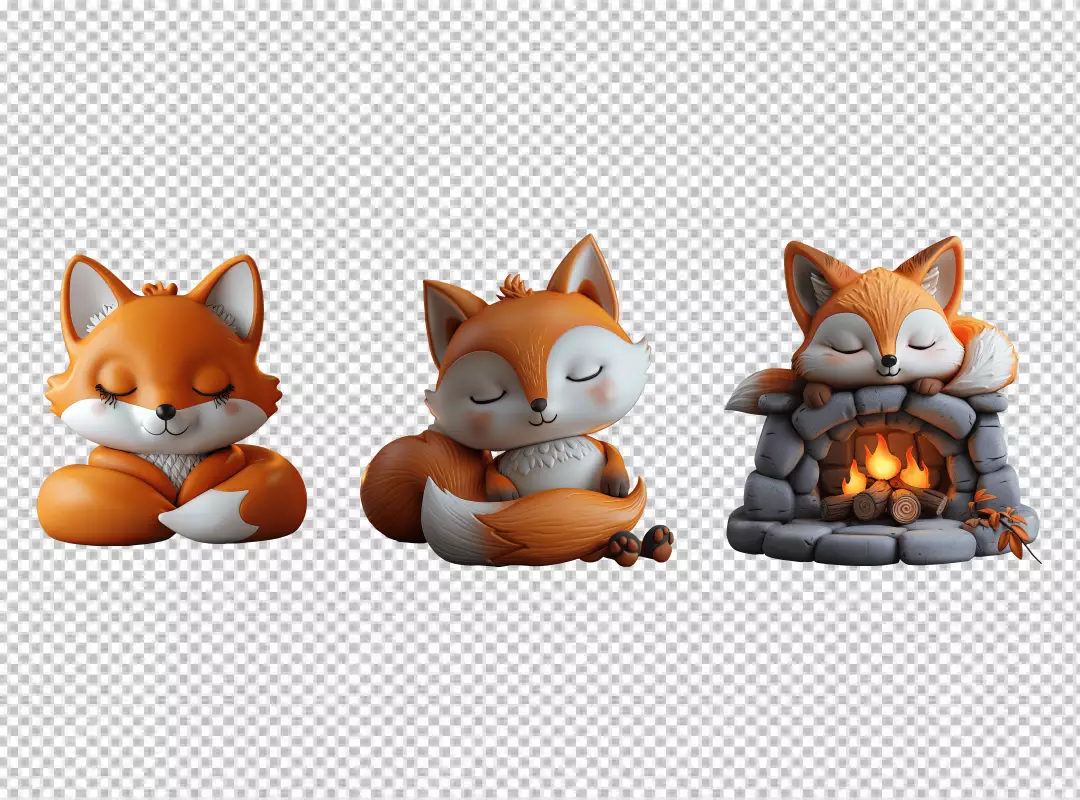 Adorable Cartoon Foxes Sleeping Peacefully in Cozy Winter Scene PNG