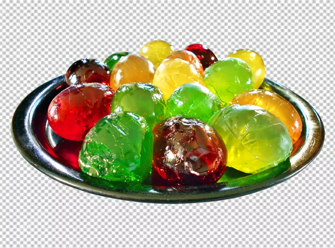 Glossy Colorful Fruit Jelly Candies on Metallic Plate with Striking Black Background