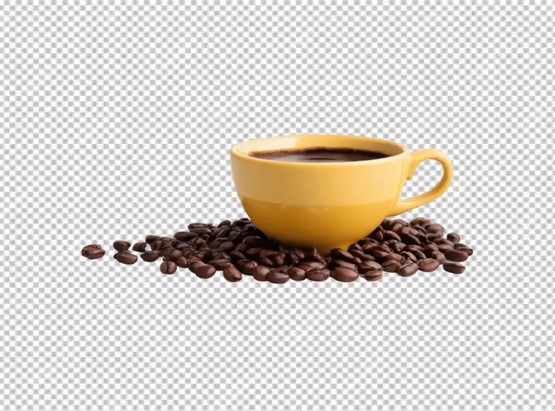 Golden ceramic mug filled with dark coffee among aromatic roasted beans