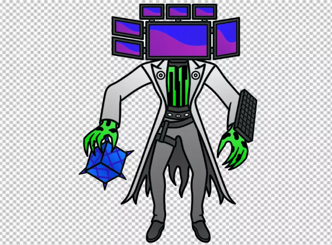 Cybernetic Scientist Character with Multi-Screen Head and Tech Tools