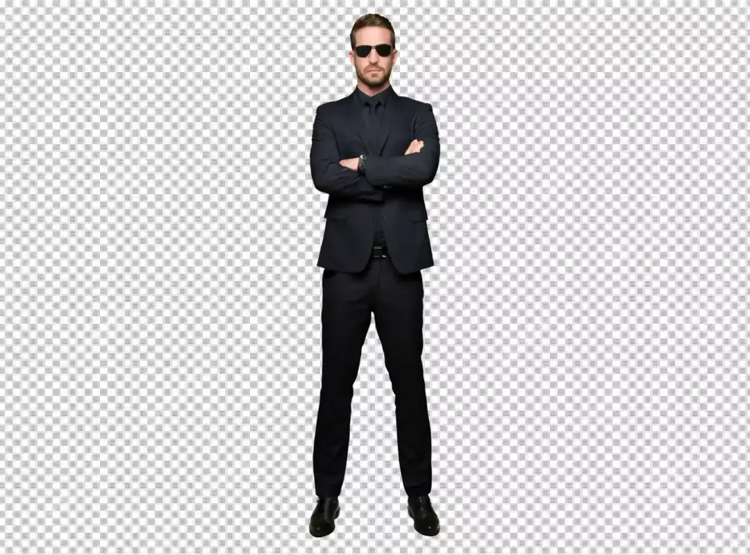 Professional Male Agent in Black Suit and Sunglasses Full Body Portrait