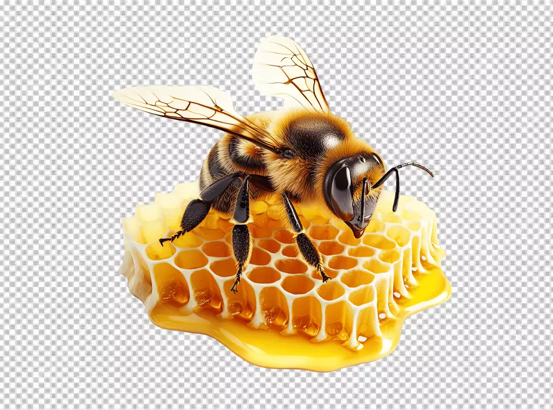 Detailed Honey Bee on Golden Honeycomb PNG for Sweet Designs