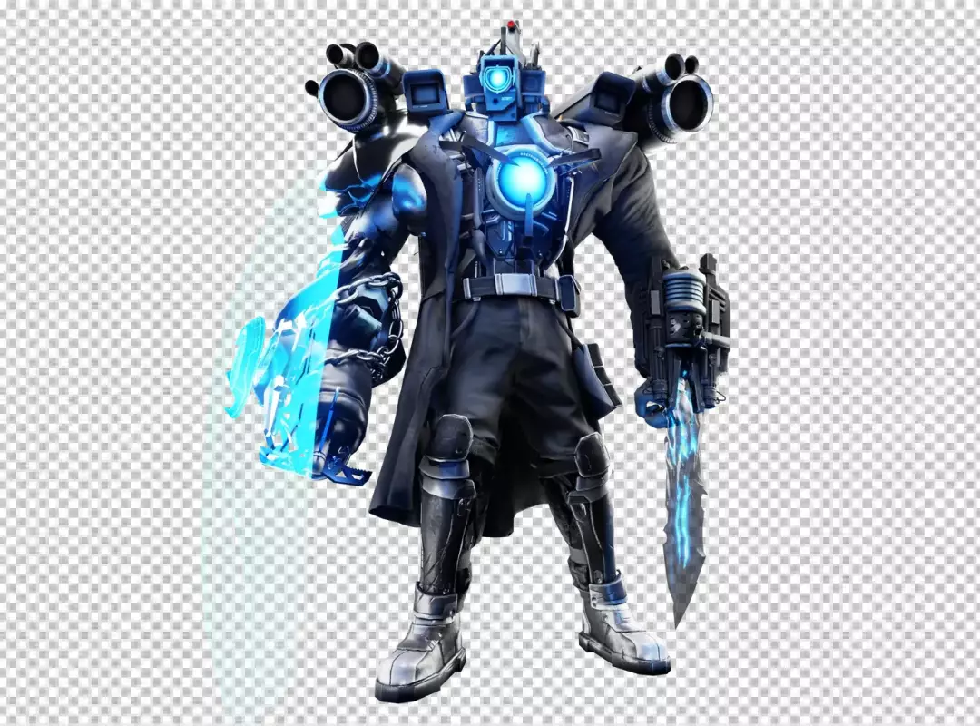 Cybernetic Enforcer Robot in Trench Coat with Glowing Blue Energy Shield and Blade