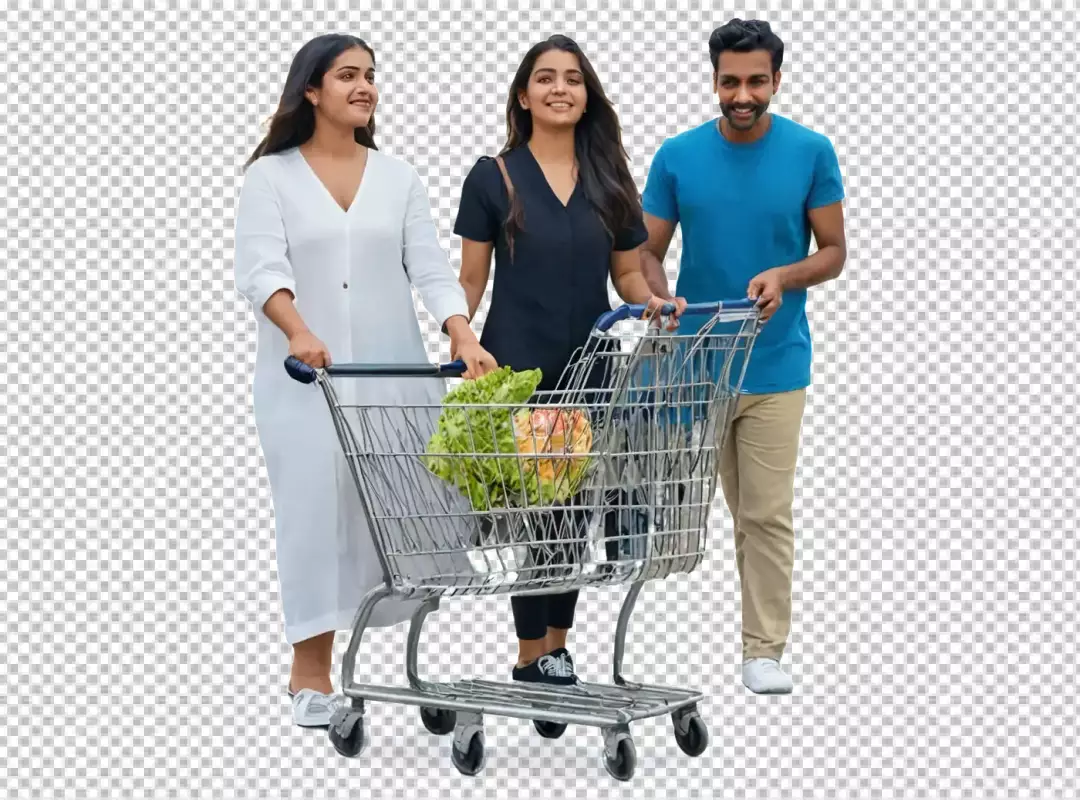 Young adults joyfully pushing a shopping cart filled with healthy groceries at the supermarket