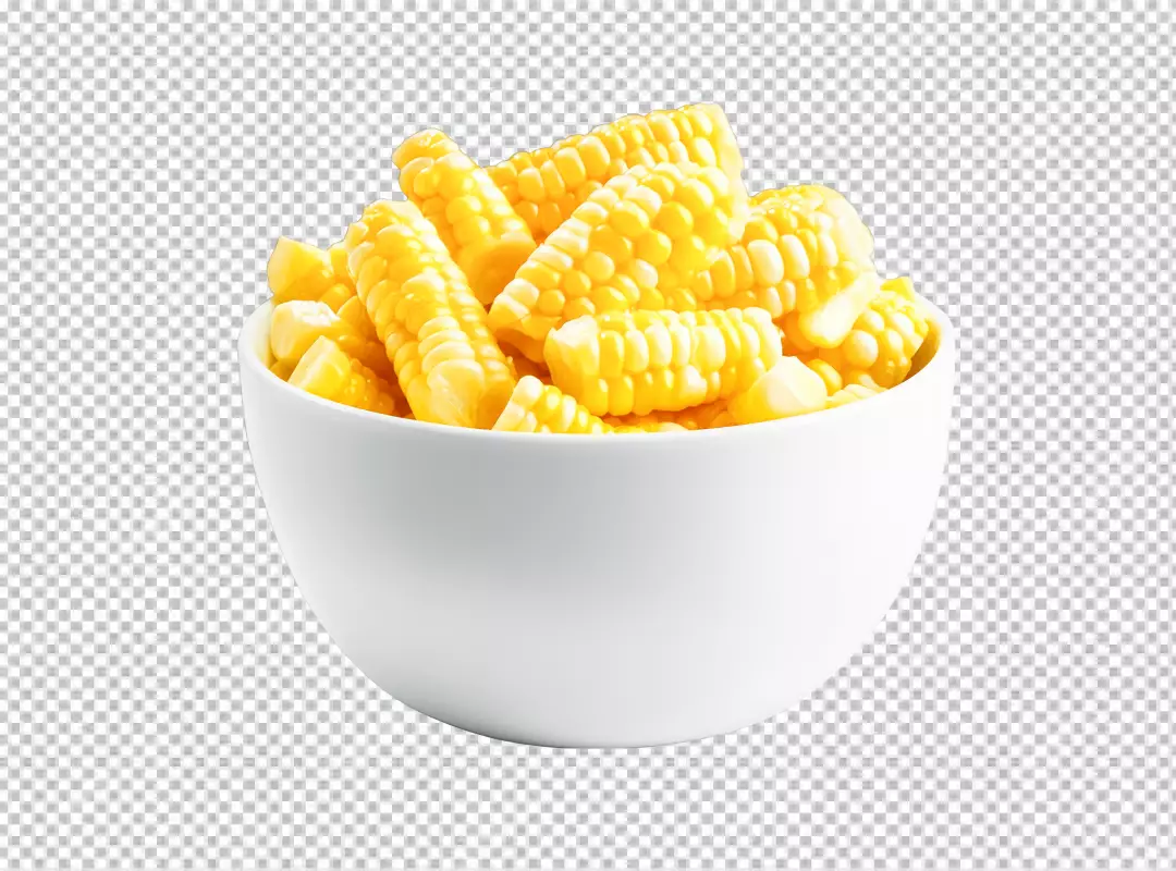 Fresh Cut Sweet Corn Cobs and Kernels in White Bowl PNG for Healthy Recipes