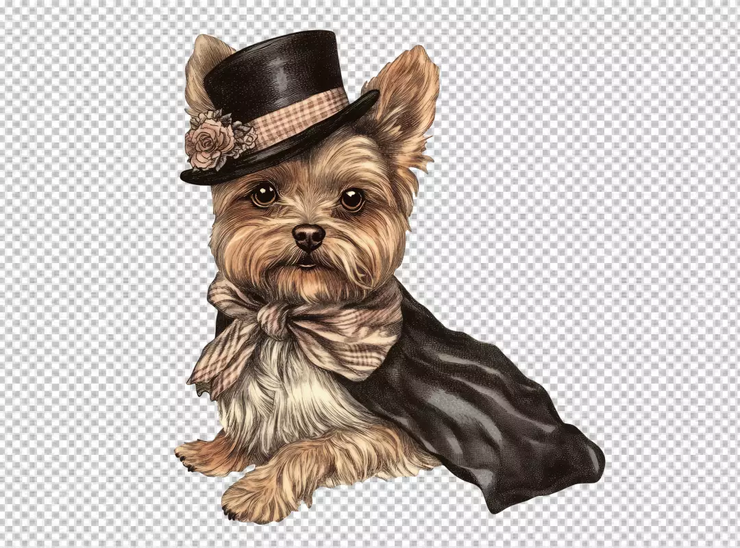 Elegant Yorkshire Terrier Dog in Black Top Hat and Bow Tie Illustration PNG