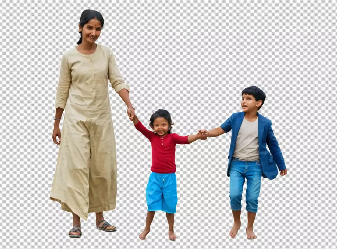Joyful Indian Mother and Children Walking Hand-in-Hand on White Background
