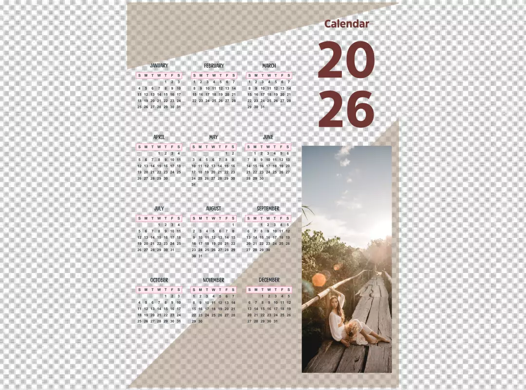 2026 Calendar with Beautiful Woman Relaxing on Wooden Bridge in Golden Sunlight