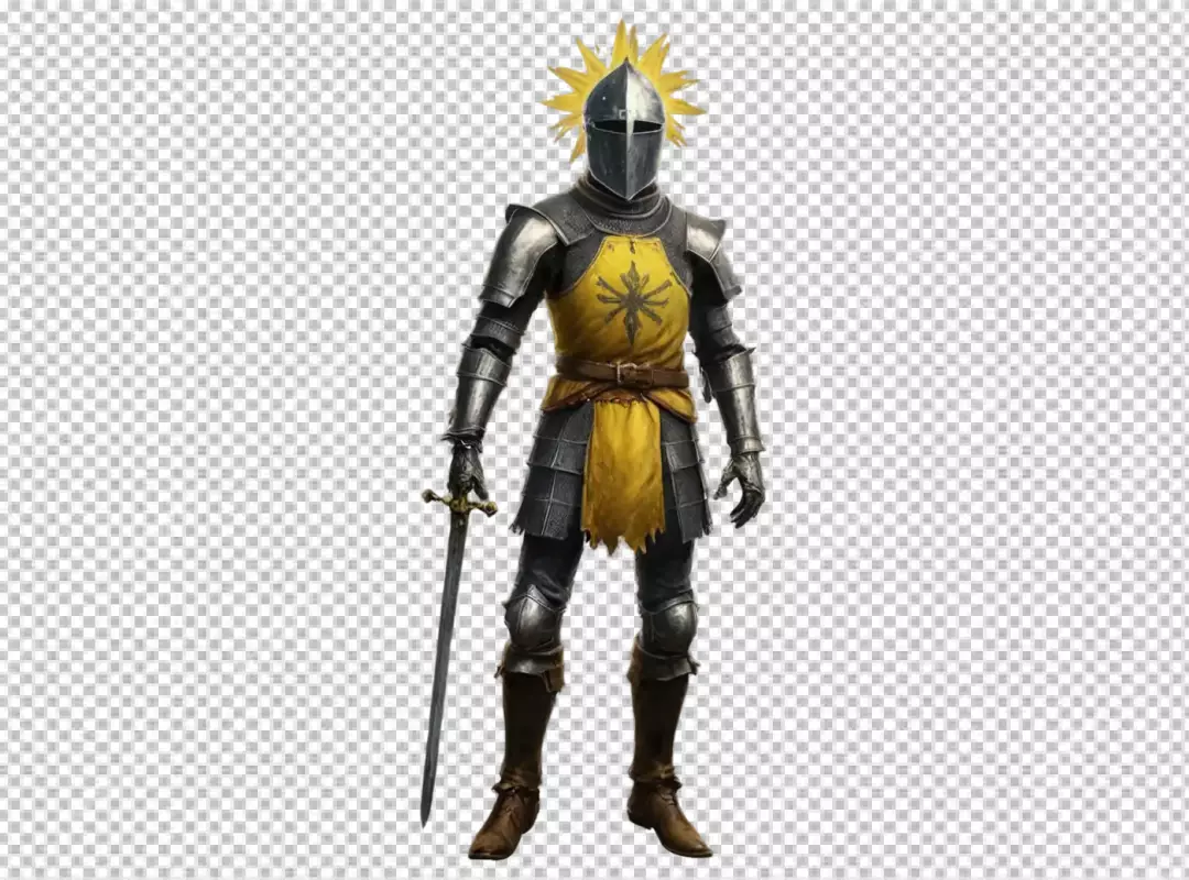 Valiant medieval knight in full shining armor holding sword with radiant crest