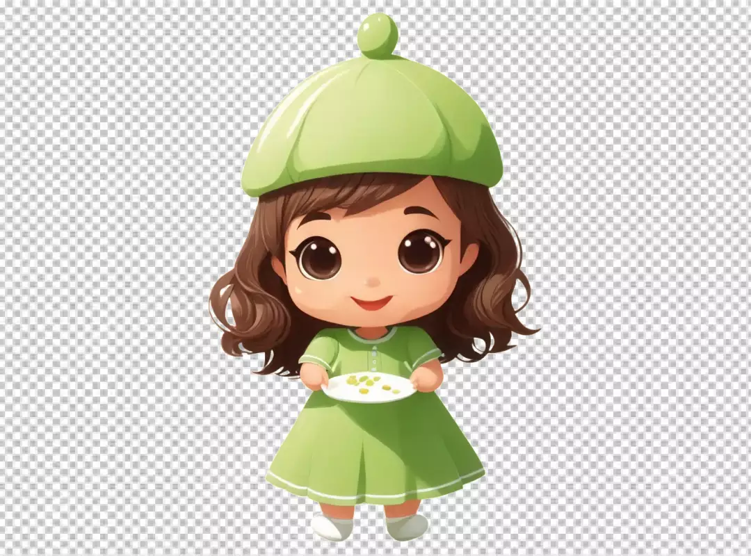 Adorable Chibi Girl in Green Dress and Beret Holding a Small Snack Plate